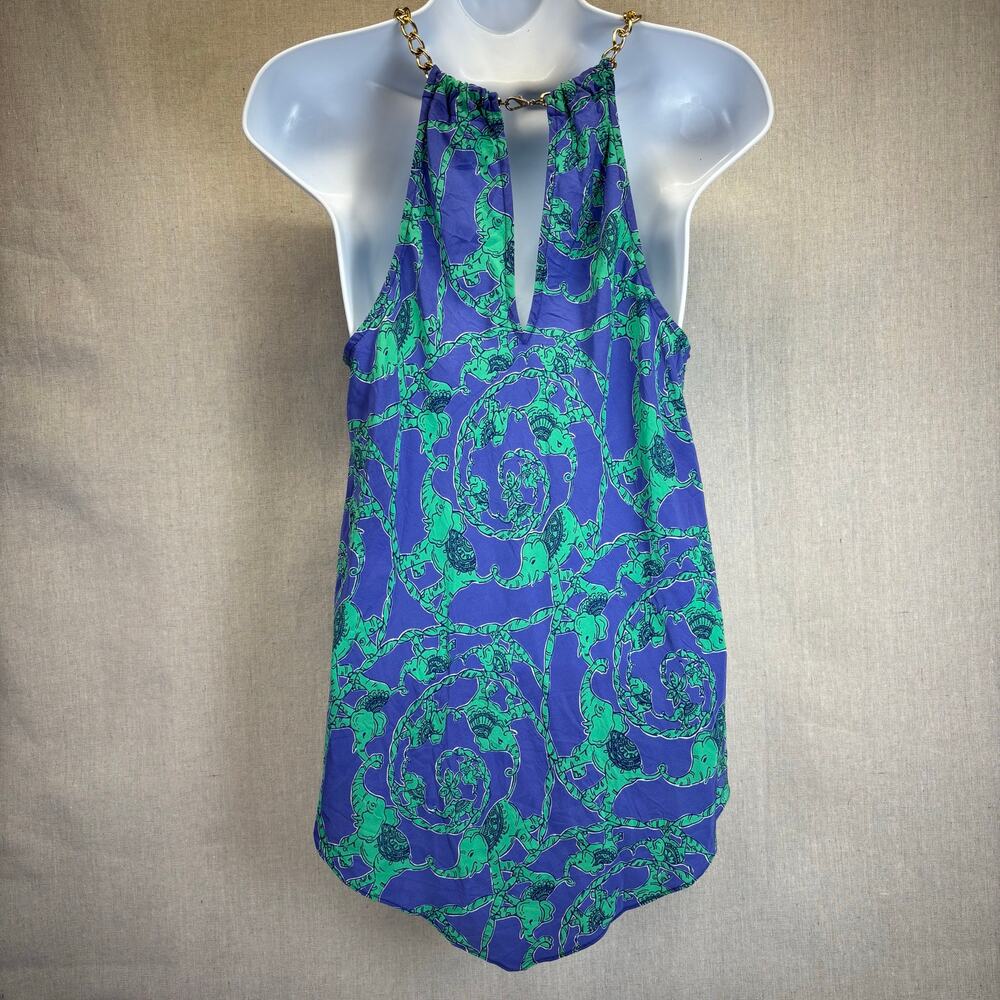 100% Silk XS Lilly Pulitzer Cabana chain halter‎ Iris blue loopy elephants - Picture 2 of 8